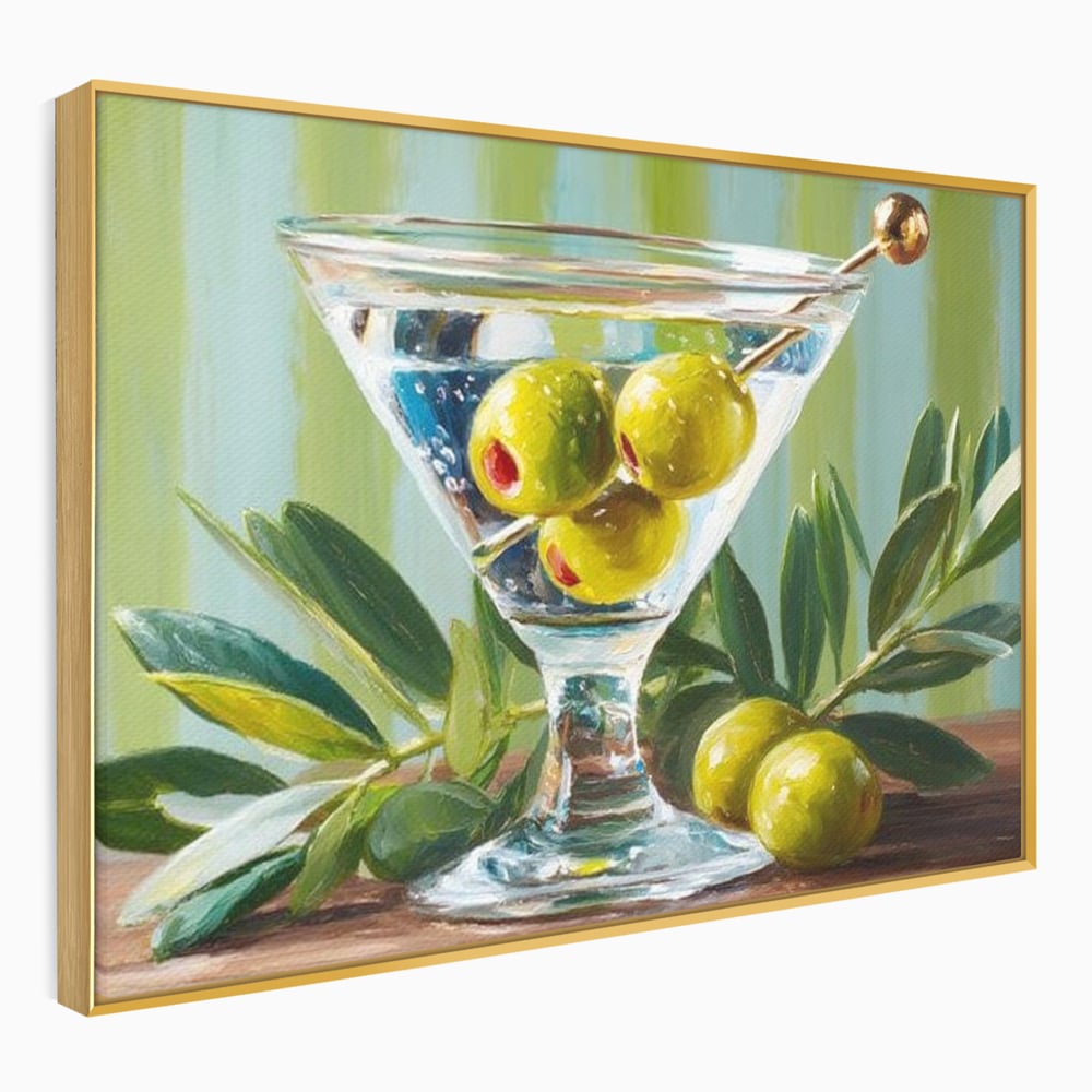 Tablou canvas cu pictura cu pahar martini si masline, in rama de aluminiu auriu